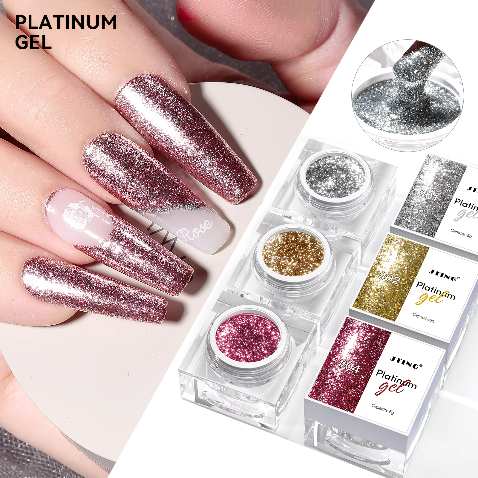 JTING High Density Super Pigment Shiny Nail Art Platinum Gel Polish 4colors Set OEM Private Label Jars