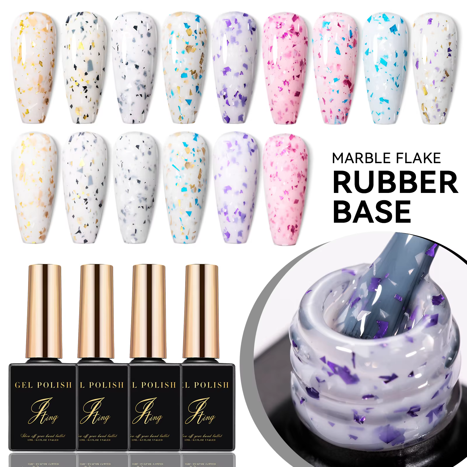 JTING Hot Popular 9colors Rubber Base Foil Flakes Set OEM Private Label Multicolor Marble Flake Rubber Base Coat Nail Gel Polish