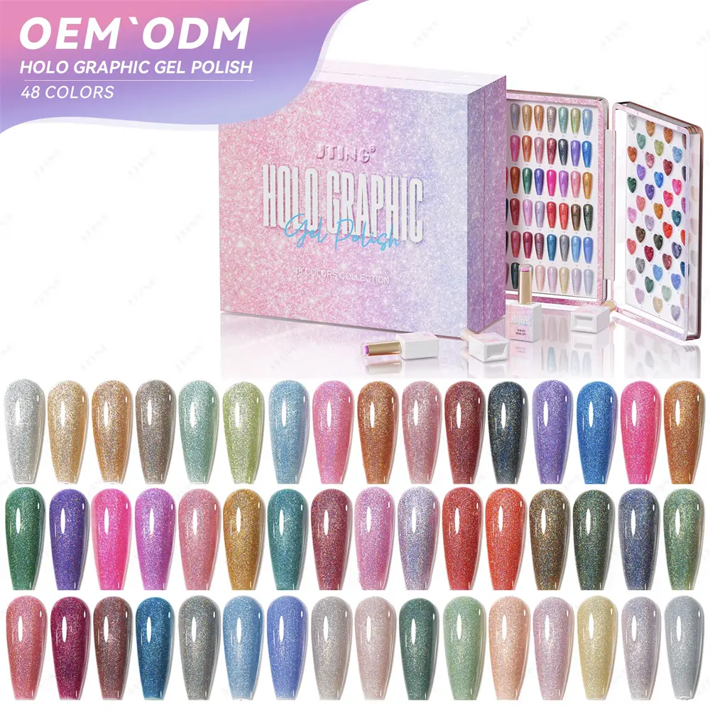 JTING Private Brand Free Custom design 48colors holographic laser gel polish collection set box OEM gel nail polish supplies