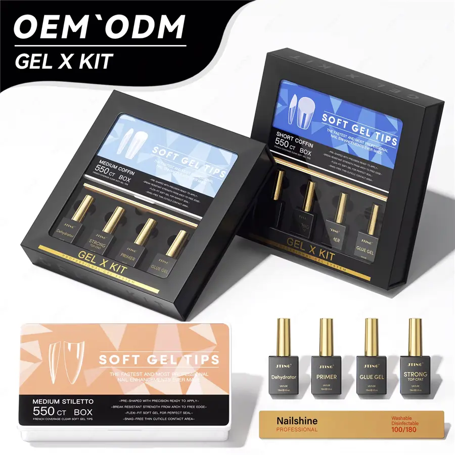 JTING Hot Popular Gel X Kit 550pcs Soft Gel Tips with Functional Gel Polish Dehydrator Primer Glue Top Coat OEM ODM