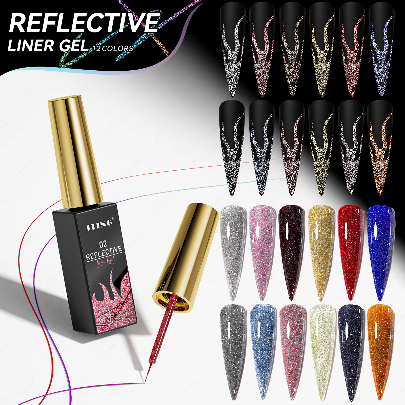 JTING Super Reflective Disco Liner Gel Polish 12color High Quality Nail Art Painting Liner Gel Na...