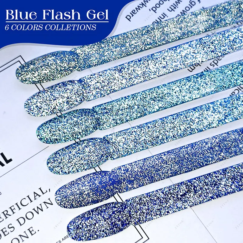 JTING 6colors Super Shiny Blue Flash Gel Polish Collection Glitter Reflective Disco Gel Nail Polish for Nail Art Salon